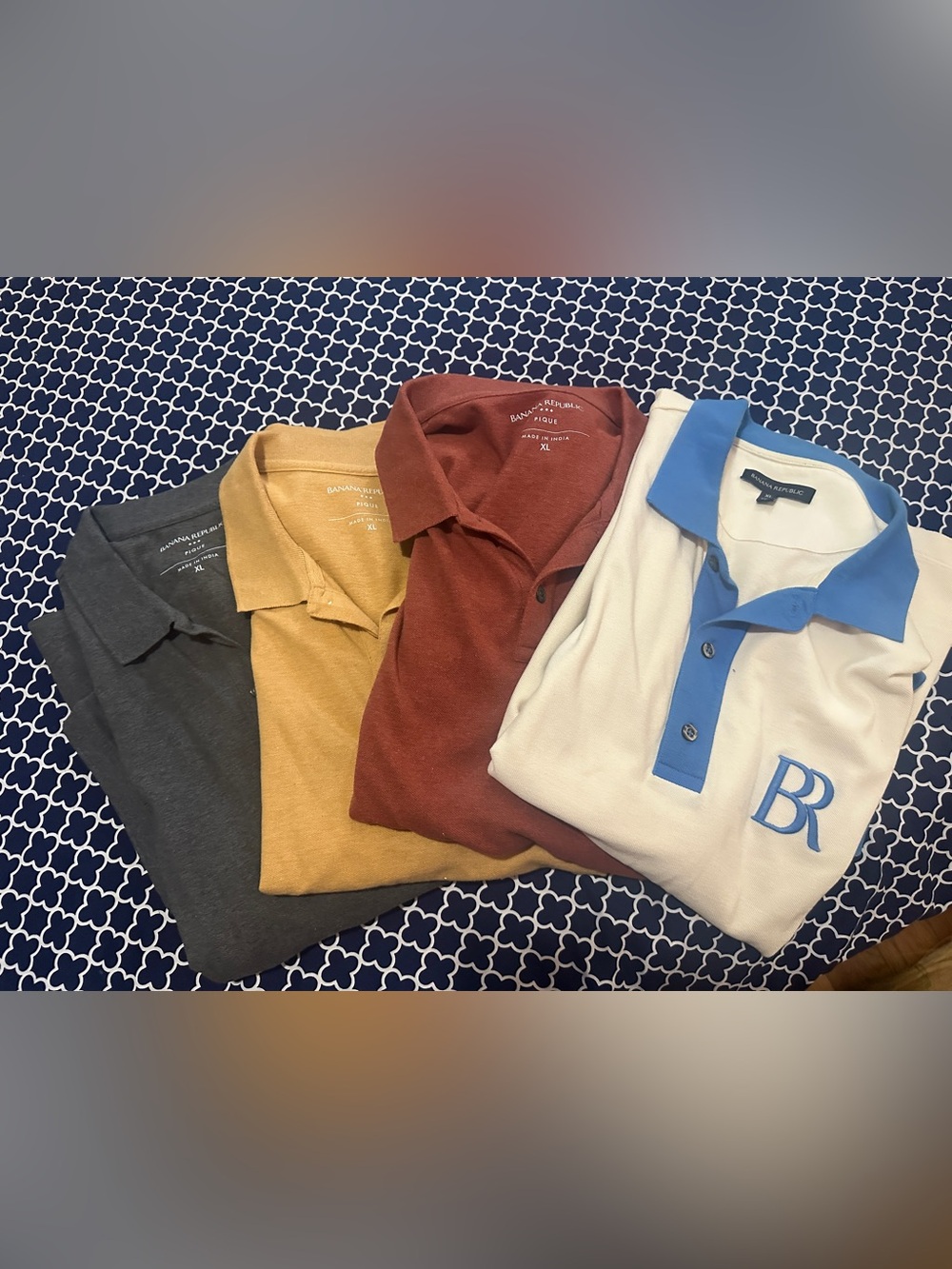Banana Republic Men's Polos - Charcoal, Mustard, Rust & White with Blue Trim